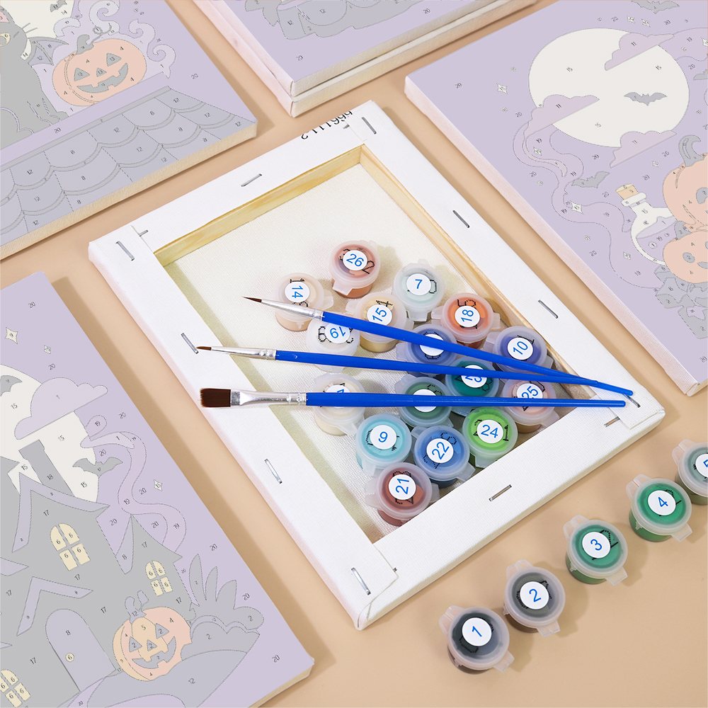 Numbered paint pots and brushes on a pre-stretched Lavender Hauntings mini canvas