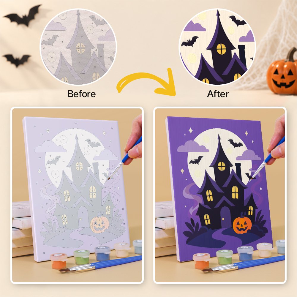 Before and after of a Lavender Hauntings mini paint by numbers canvas