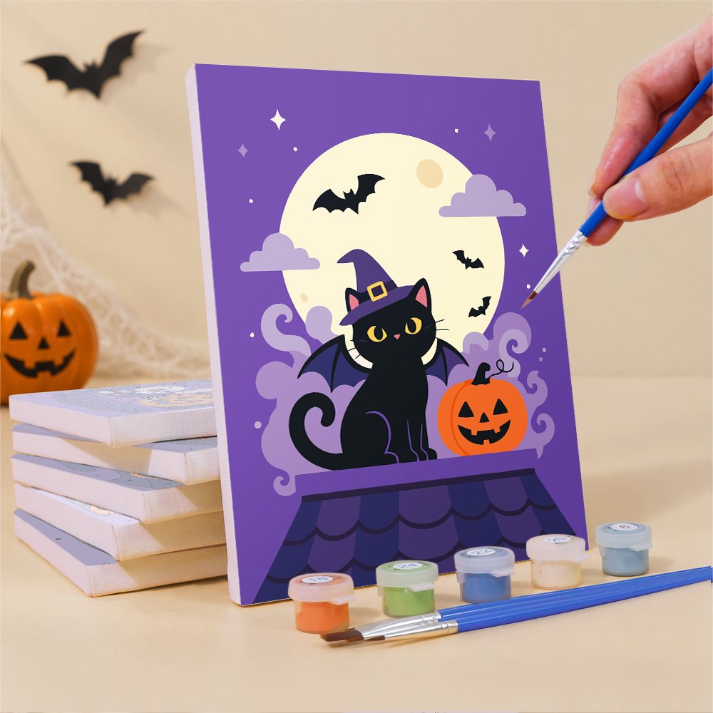 Painting a Lavender Hauntings mini canvas propped up beside numbered acrylic paints