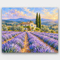 Lavender Rows at Sunset paint by numbers kit of rows of purple lavender leading to a stone farmhouse with cypress trees at sunset