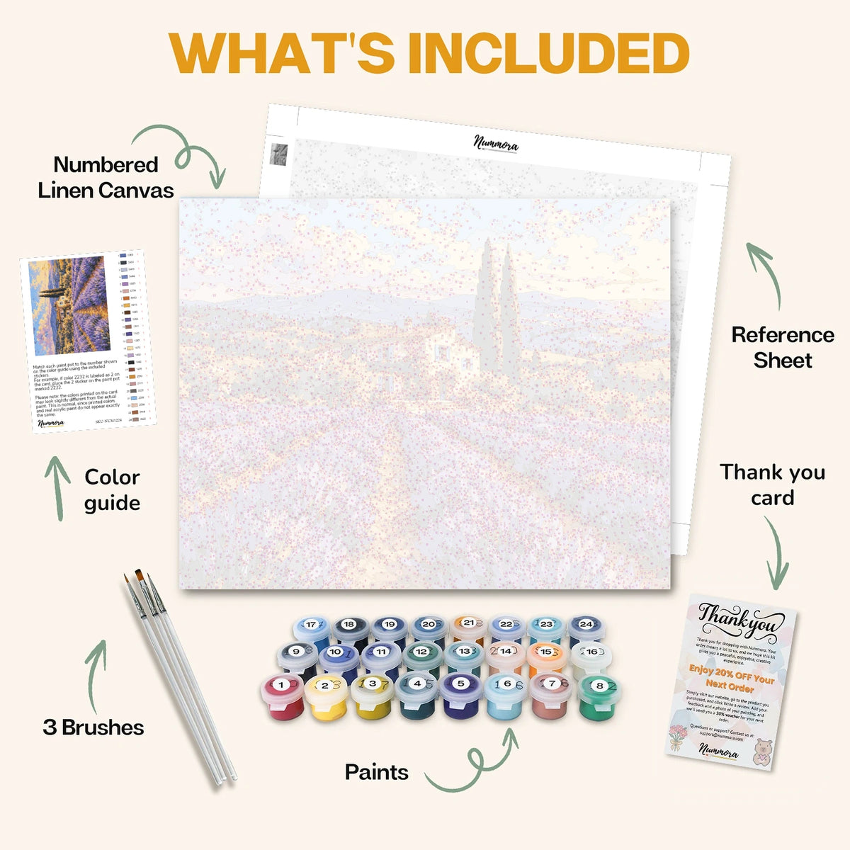 What's included in the Lavender Rows at Sunset paint by numbers kit: numbered linen canvas, reference sheet, color guide, 24 acrylic paints, 3 brushes and thank you card