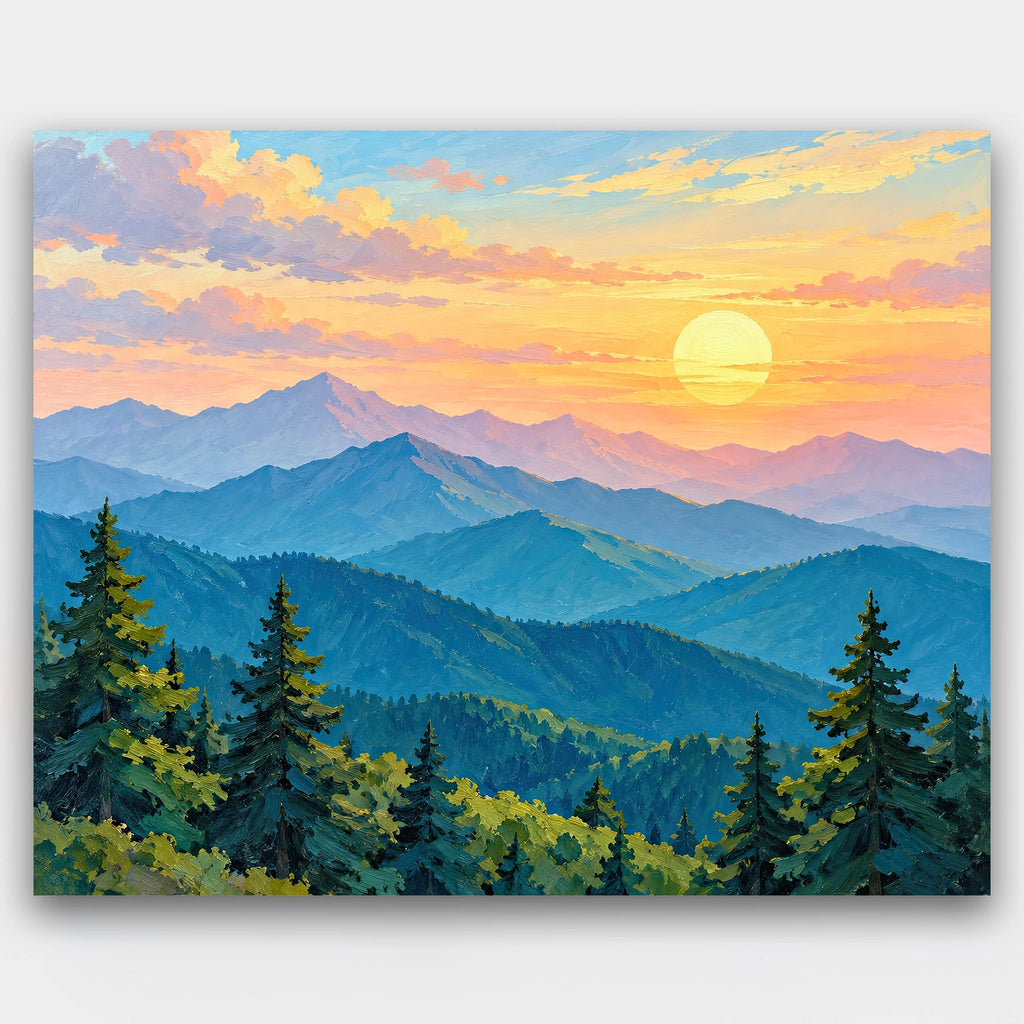 Layers of Morning paint by numbers kit of layered blue mountain ridges and pines beneath a golden sunrise
