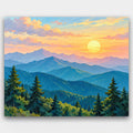 Layers of Morning paint by numbers kit of layered blue mountain ridges and pines beneath a golden sunrise