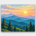 Layers of Morning paint by numbers kit of layered blue mountain ridges and pines beneath a golden sunrise