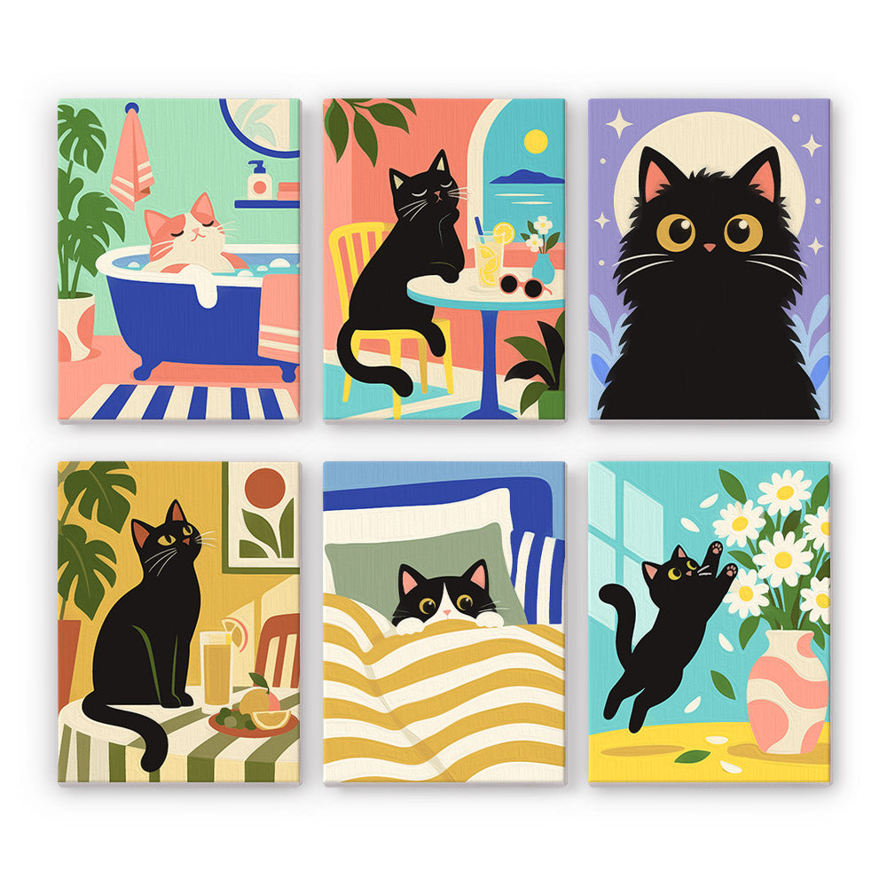 Lazy Cat Days mini paint by numbers set: six designs of cats bathing, lounging, napping and leaping for daisies