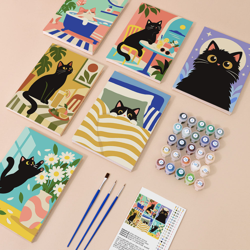 Lazy Cat Days mini paint by numbers kit with six numbered canvases, acrylic paints, brushes and layout