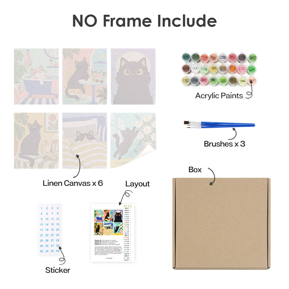 What's included without a frame: six rolled Lazy Cat Days mini canvases, acrylic paints, three brushes and layout