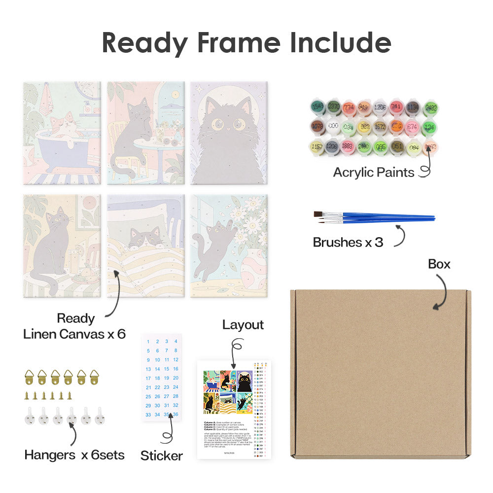 What's included pre-stretched on frame: six framed Lazy Cat Days mini canvases, paints, three brushes, hangers and layout