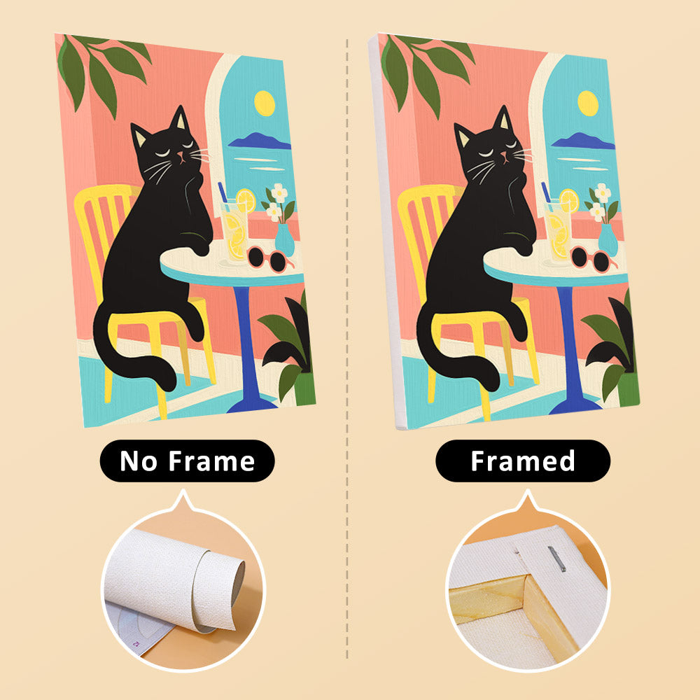 Lazy Cat Days mini canvas shown rolled without a frame and pre-stretched on a frame