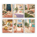 Lazy Sundays mini paint by numbers set: six designs of cozy beds with plants, a napping cat, coffee and books