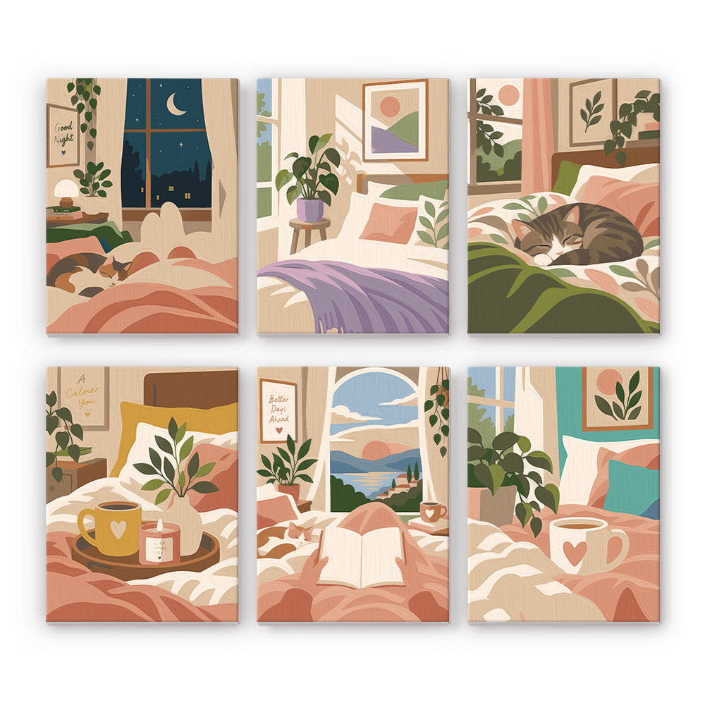 Lazy Sundays mini paint by numbers set: six designs of cozy beds with plants, a napping cat, coffee and books