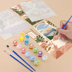 Filling in a Lazy Sundays mini canvas with numbered acrylic paints and a fine brush