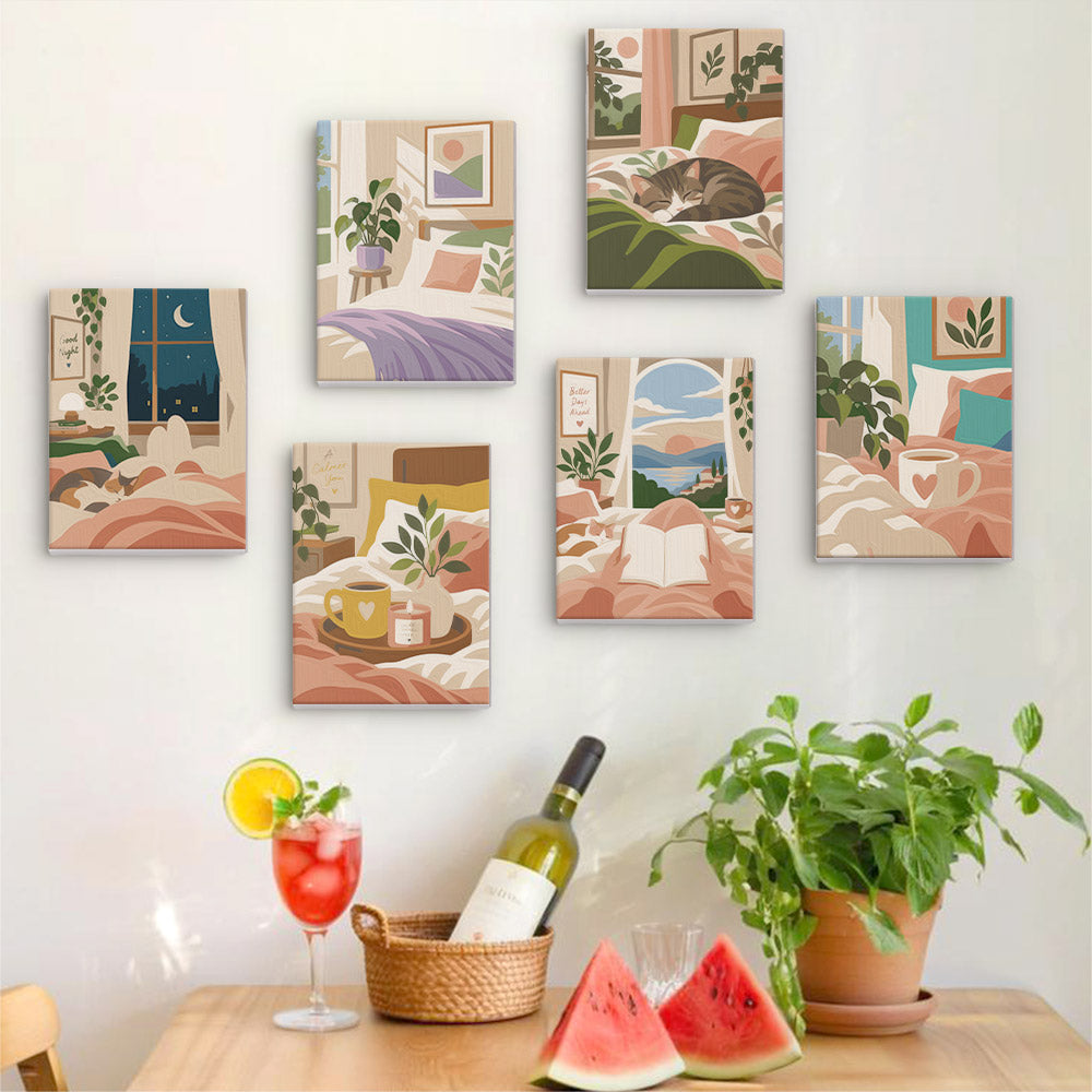 Six finished Lazy Sundays mini paintings hung on a wall above a table