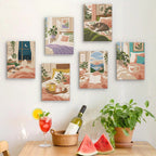 Six finished Lazy Sundays mini paintings hung on a wall above a table