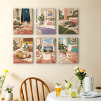 Lazy Sundays mini paintings displayed as a gallery wall in a sunny kitchen