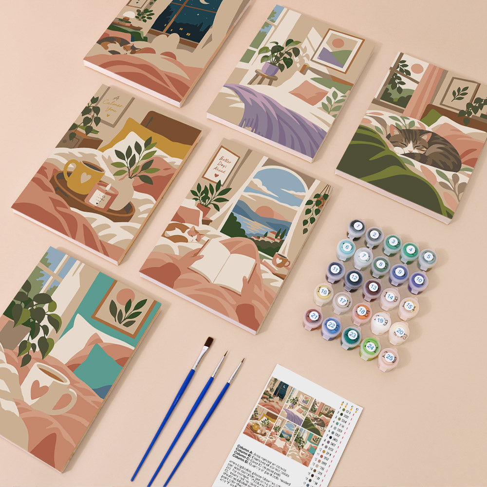 Lazy Sundays mini paint by numbers kit with six numbered canvases, acrylic paints, brushes and layout