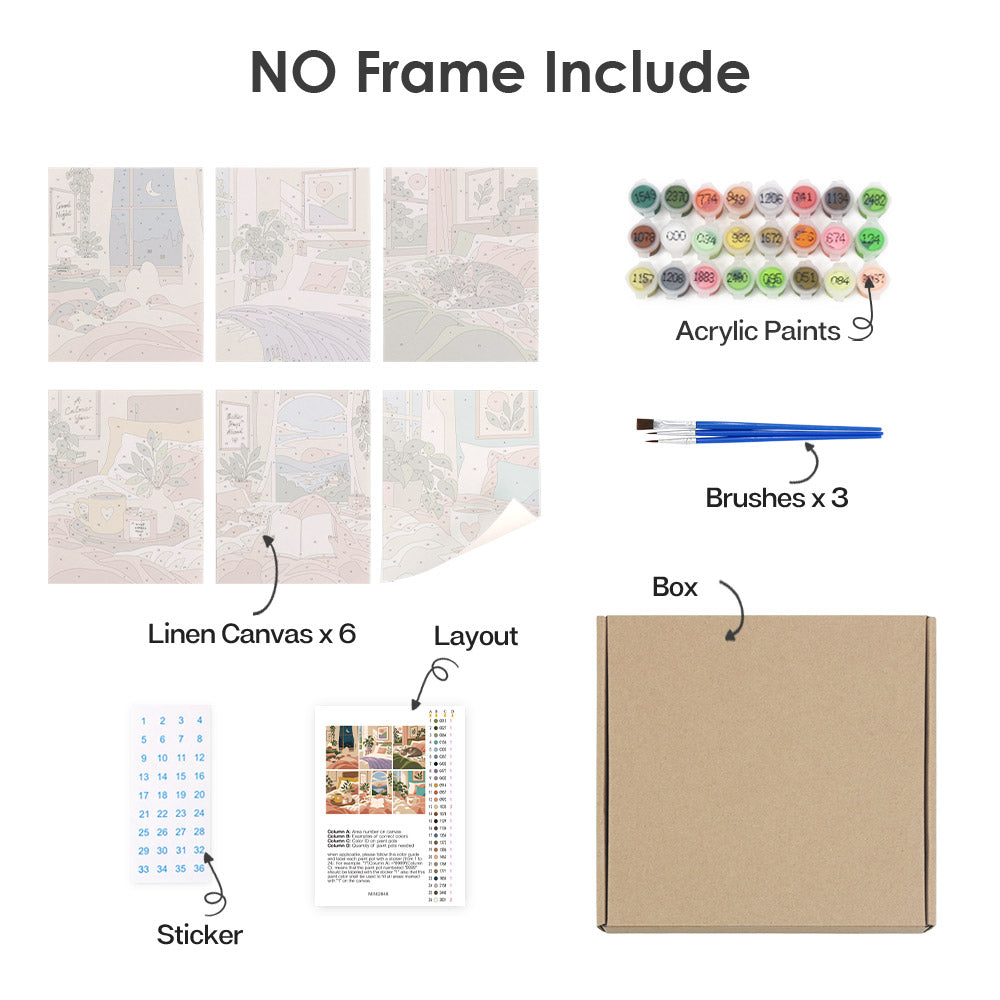 What's included without a frame: six rolled Lazy Sundays mini canvases, acrylic paints, three brushes and layout