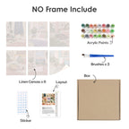 What's included without a frame: six rolled Lazy Sundays mini canvases, acrylic paints, three brushes and layout