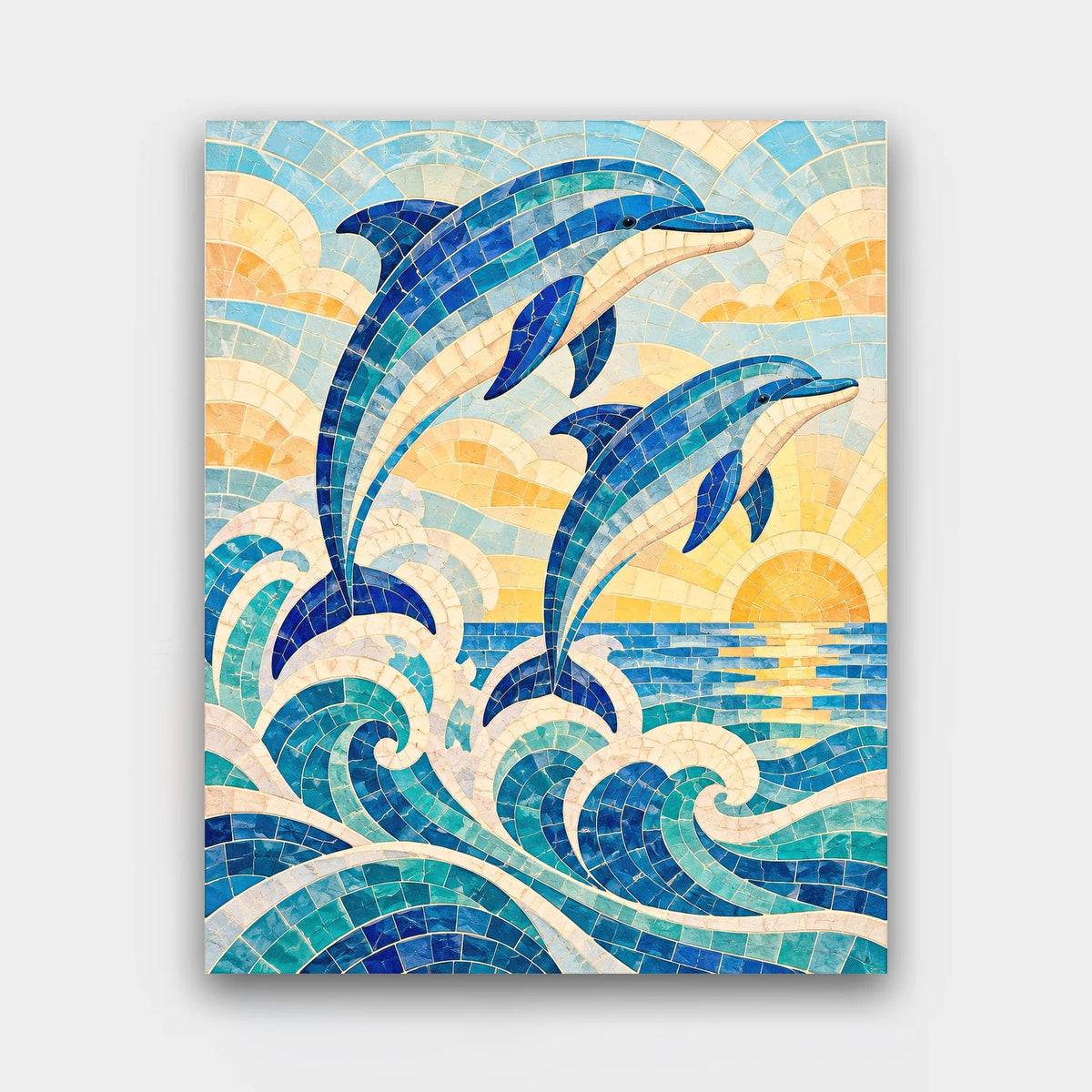 Leaping Dolphins paint by numbers kit of two dolphins leaping over stylized waves made of mosaic tiles