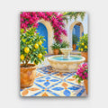 Lemon Tree Courtyard paint by numbers kit of a sunny courtyard with blue patterned tiles, a fountain, lemon trees and bougainvillea