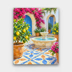 Lemon Tree Courtyard paint by numbers kit of a sunny courtyard with blue patterned tiles, a fountain, lemon trees and bougainvillea