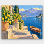 Lemon Trees by the Lake paint by numbers kit of potted lemon trees on stone steps leading to a lake with a wooden boat and mountains