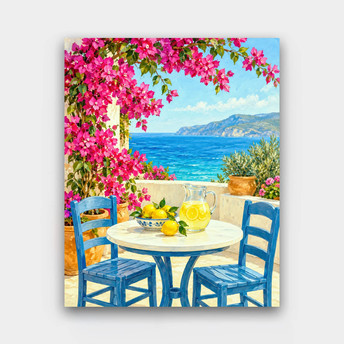 Lemonade by the Sea paint by numbers kit of a sunny terrace with blue chairs, lemonade and magenta bougainvillea above a turquoise sea