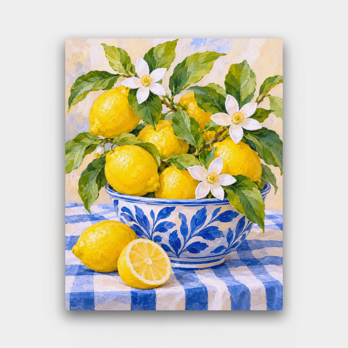 Lemons and Blossoms paint by numbers kit of lemons with leaves and white blossoms in a blue-and-white bowl on a striped cloth