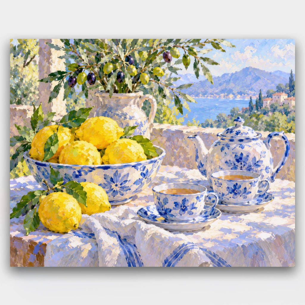 Lemons and Blue Teacups paint by numbers kit of lemons in a blue-and-white bowl with matching teacups and teapot on a sunny terrace