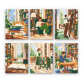 Library Hours mini paint by numbers set: six cozy library scenes with readers, tall bookshelves, a ladder and a sleeping cat