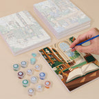 Painting one of the Library Hours designs next to a stack of mini canvases