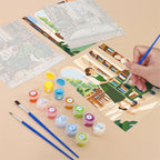 Filling in a Library Hours mini canvas with numbered acrylic paints and a fine brush