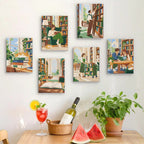 Six finished Library Hours mini paintings hung on a wall above a table