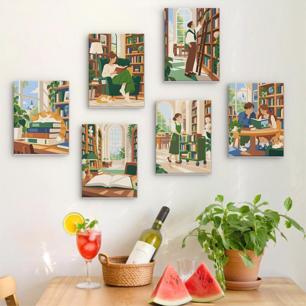 Six finished Library Hours mini paintings hung on a wall above a table
