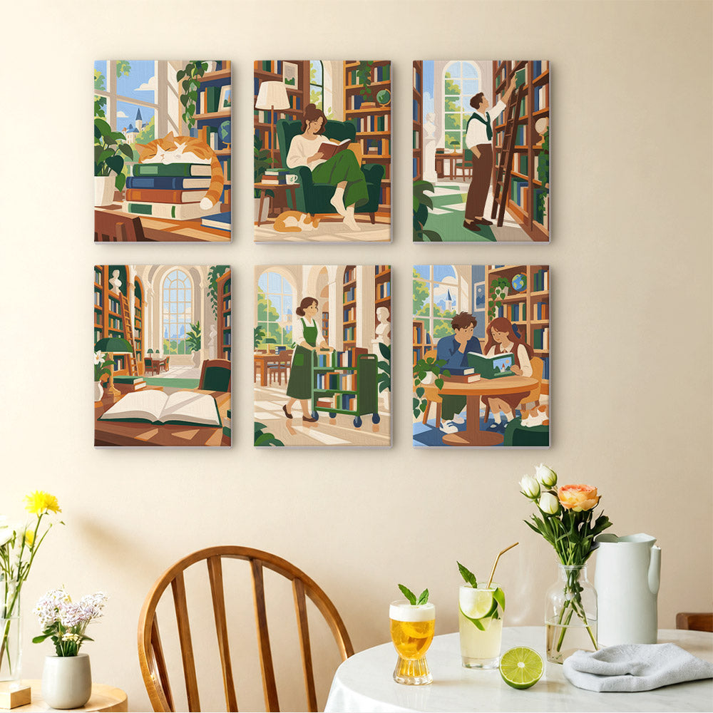 Library Hours mini paintings displayed as a gallery wall in a sunny kitchen