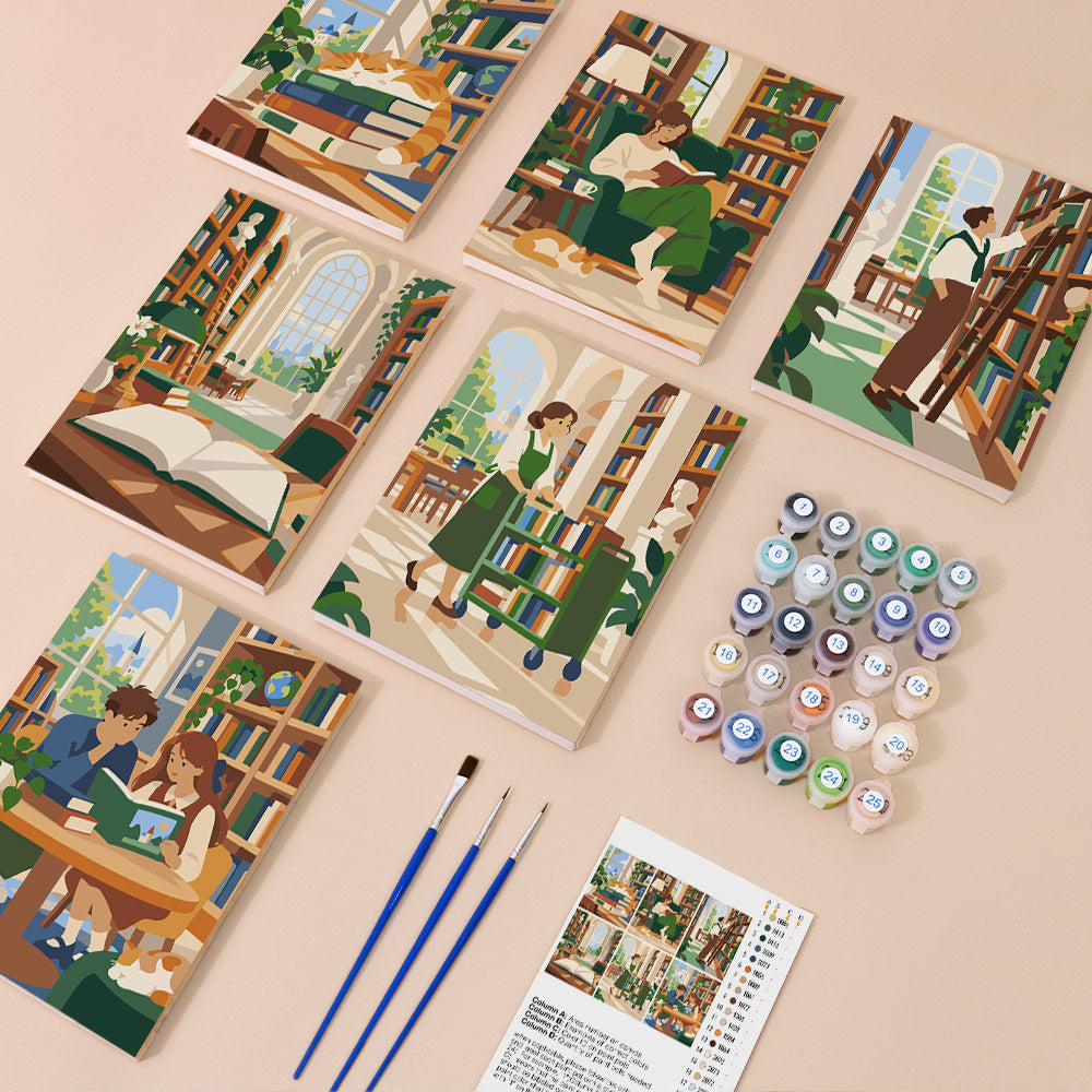 Library Hours mini paint by numbers kit with six numbered canvases, acrylic paints, brushes and layout