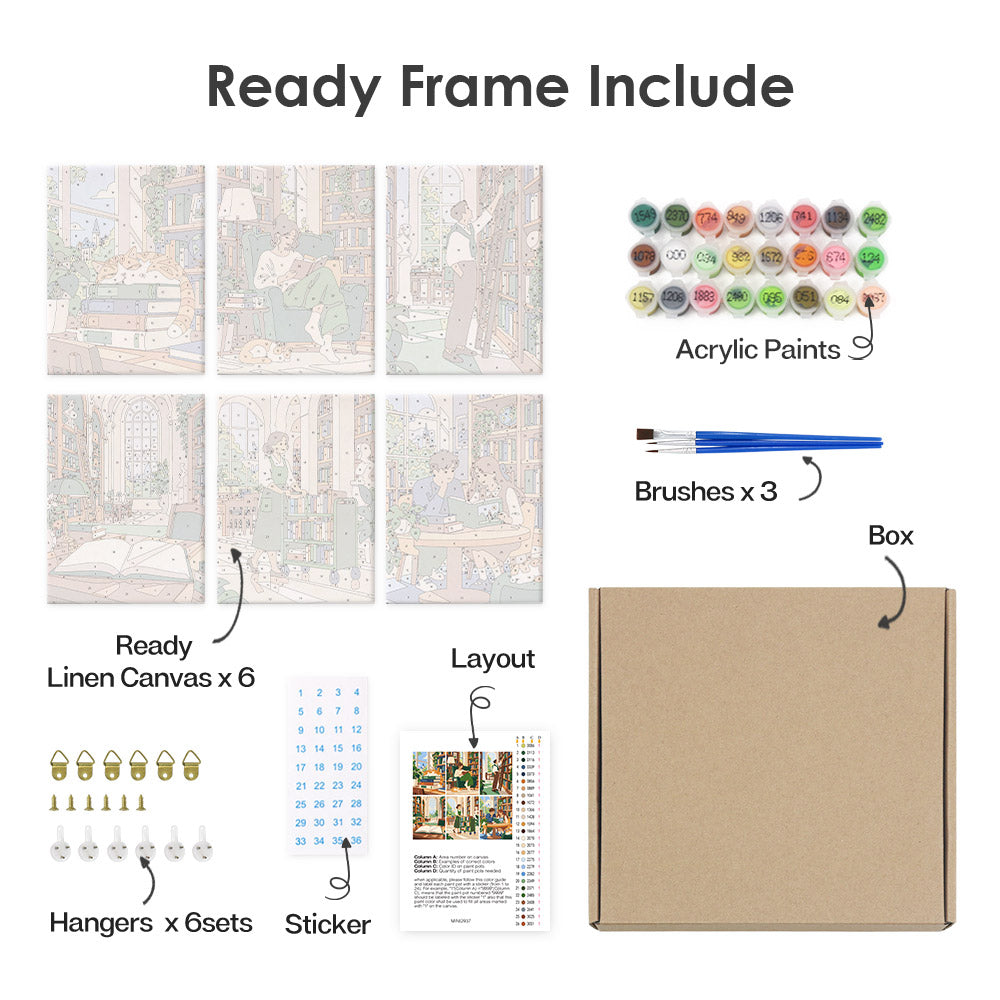 What's included pre-stretched on frame: six framed Library Hours mini canvases, paints, three brushes, hangers and layout