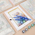 Numbered paint pots and brushes on a pre-stretched Library Hours mini canvas