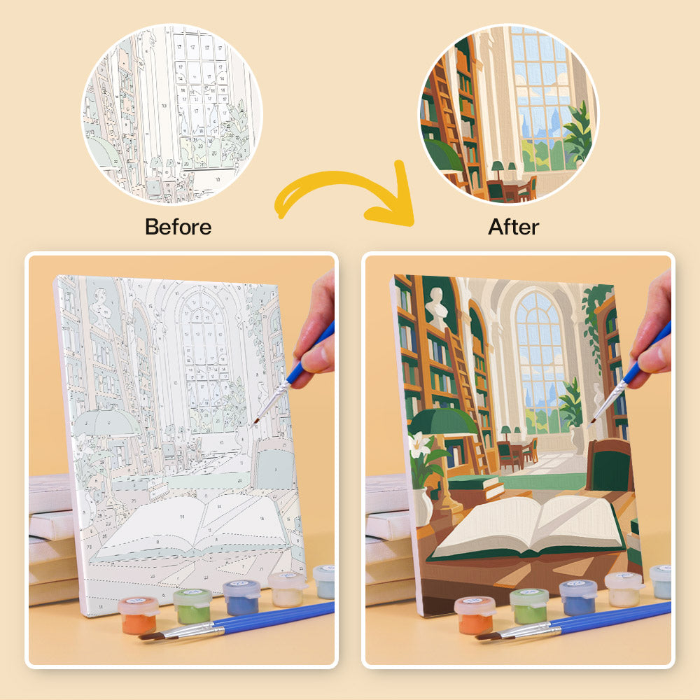 Before and after of a Library Hours mini paint by numbers canvas