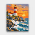 Lighthouse at Sunset paint by numbers kit of a red-and-white lighthouse on rocky cliffs with crashing waves and seagulls at sunset