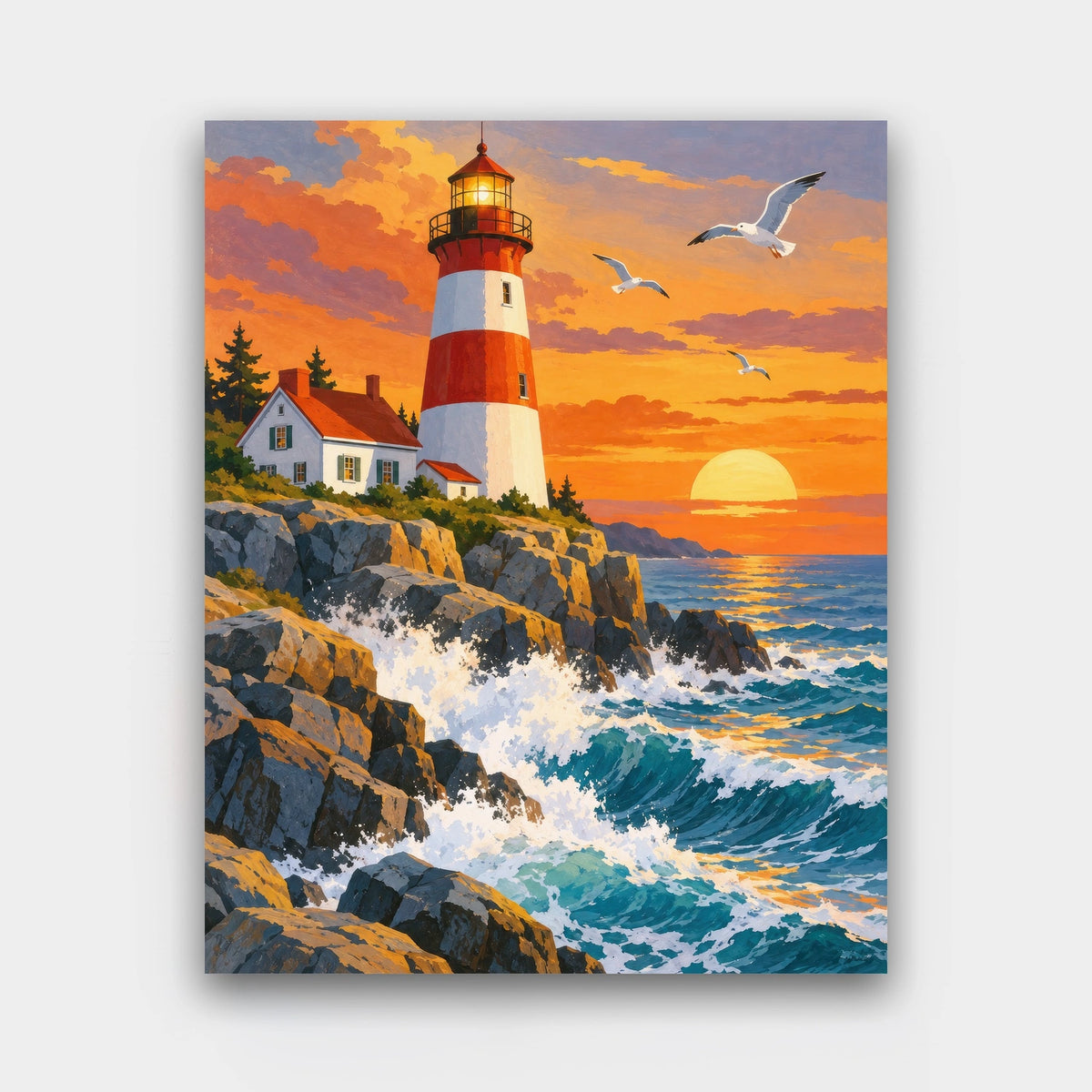 Lighthouse at Sunset paint by numbers kit of a red-and-white lighthouse on rocky cliffs with crashing waves and seagulls at sunset