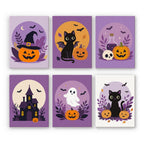 Lilac Moon Medallions mini paint by numbers set: six Halloween vignettes in round lilac moons with pumpkins, black cats, a skull, a haunted house and a ghost