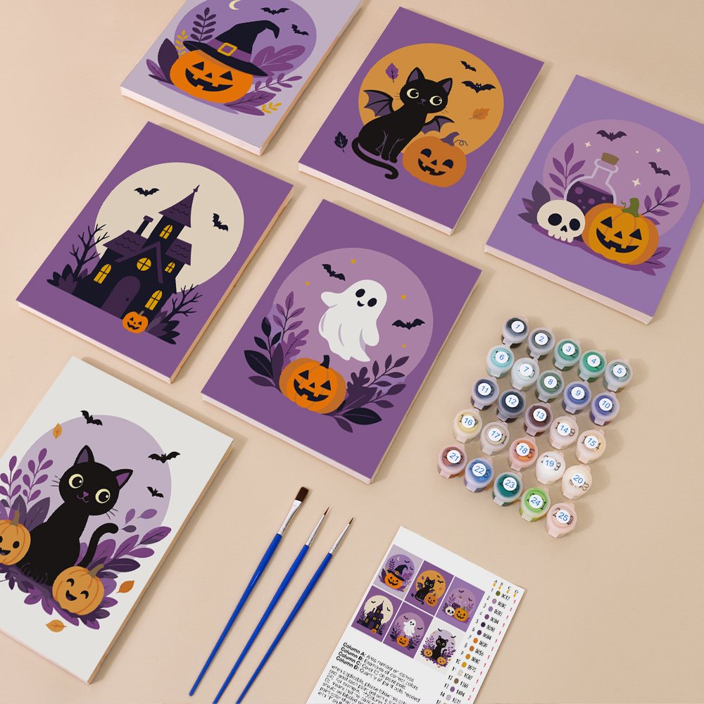 Painting one of the Lilac Moon Medallions designs next to a stack of mini canvases