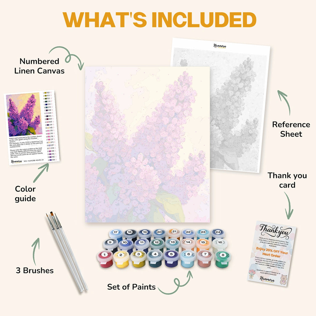 What's included in the Lilac Symphony paint by numbers kit: numbered linen canvas, reference sheet, color guide, 24 acrylic paints, 3 brushes and thank you card