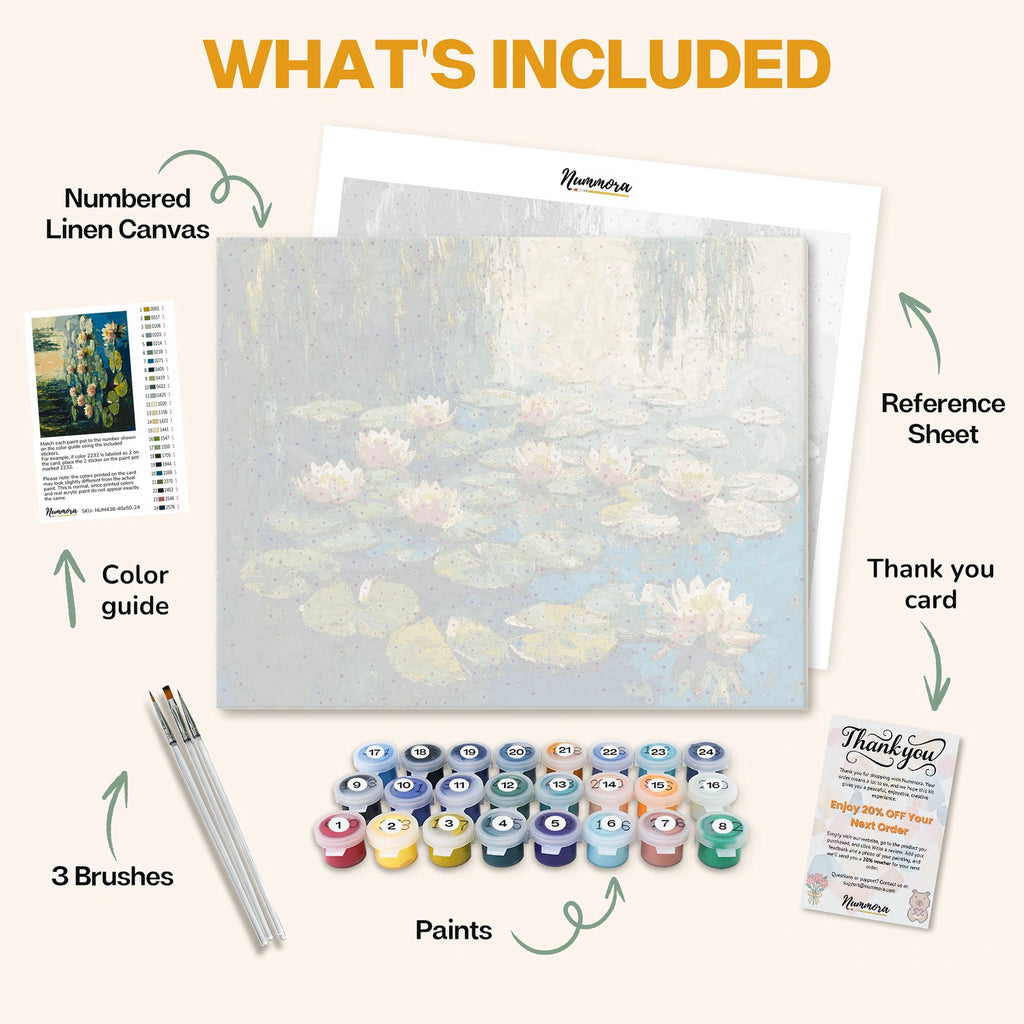 What's included in the Lilies decorations paint by numbers kit: numbered linen canvas, reference sheet, color guide, 24 acrylic paints, 3 brushes and thank you card