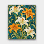 Lilies in Teal and Gold paint by numbers kit of white and orange lilies with curling stems and gold accents on deep teal