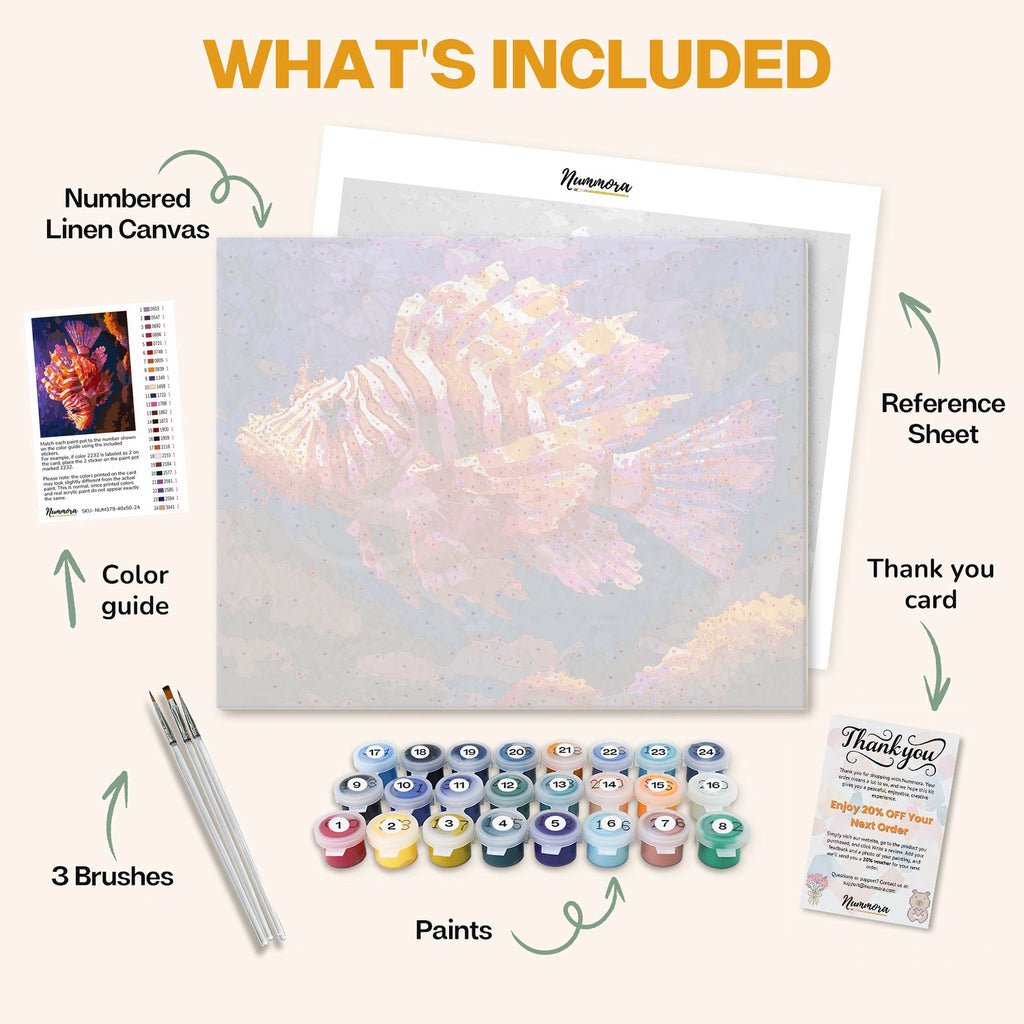 What's included in the Lionfish in the Deep paint by numbers kit: numbered linen canvas, reference sheet, color guide, 24 acrylic paints, 3 brushes and thank you card