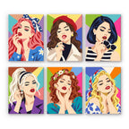 Lipstick & Attitude mini paint by numbers set: six pop-art designs of glam women with red lips on geometric backgrounds