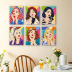Lipstick & Attitude mini paintings displayed as a gallery wall in a sunny kitchen