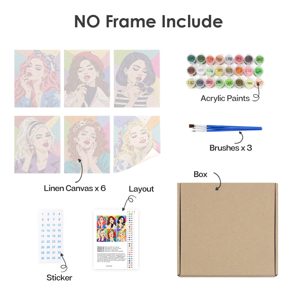 What's included without a frame: six rolled Lipstick & Attitude mini canvases, acrylic paints, three brushes and layout